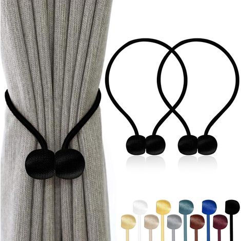 Lot de 2 - Embrasse Rideau - Aimant - Corde Polyester - Fixation Sans Perçage - Pour Salon Chambre Salle De Bain - Noir - 47x49 Cm