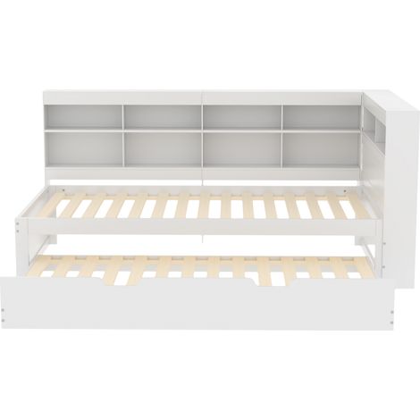 Lit banquette 90x200 avec lit gigogne 90x190, lit en bois massif blanc multifonction avec prise USB et rangements intégrés. (1/5)
