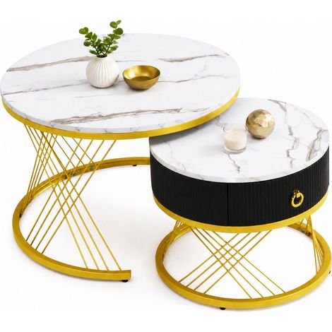Table basse gigogne à effet marbre, finition blanche et dorée, avec tiroir, pieds réglables en métal, set de 2 tables d’appoint élégantes – CHICFURN (1/5)