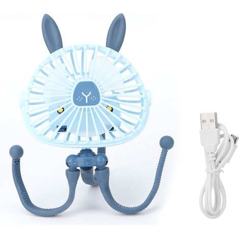 Mini ventilateur portatif pour poussette, trépied flexible, veilleuse silencieuse, rechargeable USB pour bureau, voiture, bleu (1/5)