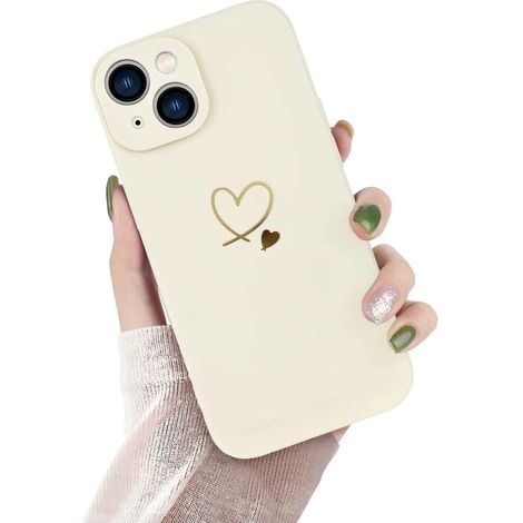 Coque iPhone 14 (6,1 pouces) en silicone liquide douce, motif cœur doré tendance, cadre latéral mignon, protection élégante pour femme et fille, blanche (1/5)