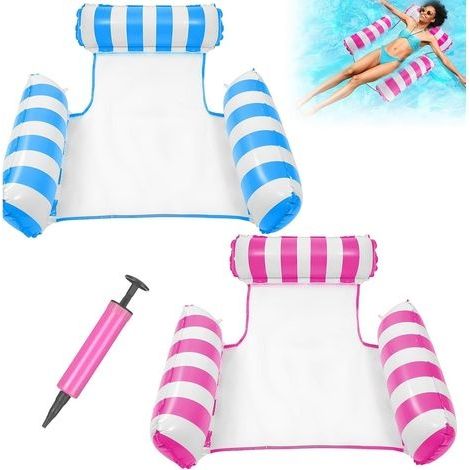 2 Pièces Hamac Gonflable Piscine avec Pompe Air, Matelas Bouées Gonflables 4 -en-1, Lit Flottant Hamac Eau Portable pour Adultes, Accessoire Flotteur Pliable pour Vacances Partie Plage (Bleu, Rose) (1/5)