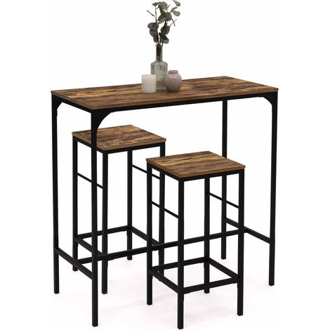Idmarket – Table haute de bar DAYTON 95 cm – 2 tabourets bois foncé effet vieilli – Structure métal noir – Gain de place pour 2 personnes