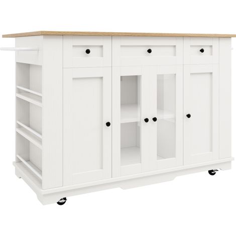 Îlot de cuisine blanc avec plateau en MDF effet bois, étagères pliantes et portes en verre trempé (1/5)