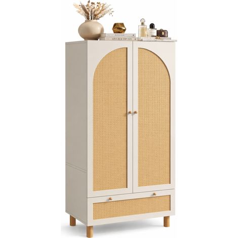 Armoire penderie 2 portes avec grand tiroir, étagères réglables, tringle et sécurité anti-basculement, style maison de campagne blanc pour chambre - CHICFURN (1/5)