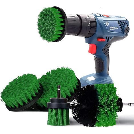 Brosse Nettoyage Perceuse 4 pièces, Brosse pour Perceuse Voiture Carrelage Tapis Baignoire Cuisine Toilettes Vert (1/5)
