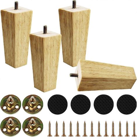 Ensemble de 4 pieds de meubles en bois massif de 10 cm (4 pouces), pieds carrés pour canapé, adaptés aux bureaux, armoires, bancs, coiffeuses, chaises, rehausseurs de bibliothèque, 12,5 cm (5 pouces). (1/5)