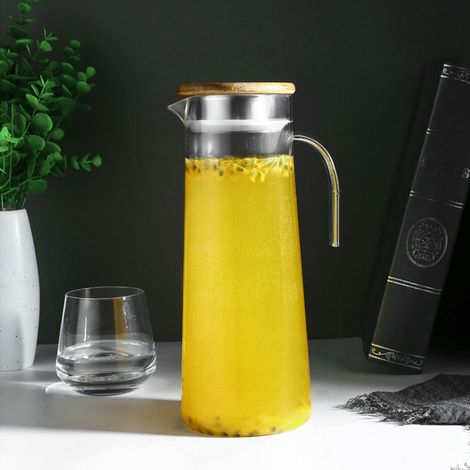 Bouteille à jus transparente en acrylique de 1,2 L, pichet à eau froide pour bar ou usage domestique, couvercle en bambou (1/5)