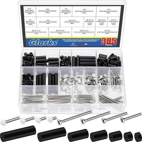 385pcs White Wall Plate Screw Set, 3/8 '' 1/2 '' 3/4 '' 1 '' Long, vis de plaque de sortie et vis de sortie électrique longue avec espaceur rond en nylon, vis de panneau d'interrupteur (1/5)