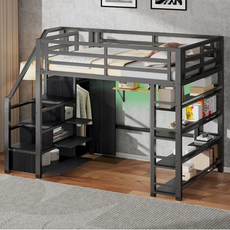 Letto a soppalco moderno in metallo e MDF nero 140x200 cm con armadio, scaffale, scala contenitore e LED (1/5)