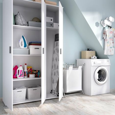 Armoire multifonction Sillano, meuble multifonction porte-balais, penderie 3 portes, 116 x 35 x 190 cm, blanc (1/5)