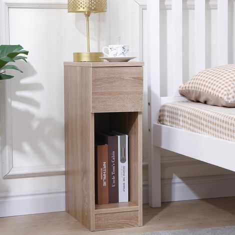 Slim Wood Bedside Table Bedroom Nightstand with Shelf and Drawer, Narrow Bathroom Small Floor Storage Cabinet Living Room End Table Sofa Side Table - Brown