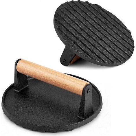 Prensa para parrilla de hierro fundido de 2 piezas, Prensa para hamburguesas de hierro fundido, parrilla de hierro fundido, Color negro, madera (1/5)