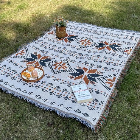 Tapis de pique-nique imperméable, couverture bohème tricotée pour camping extérieur, natte de sol pour pelouse, jeté de table américain, couverture de plein air résistante à l'humidité. (1/5)