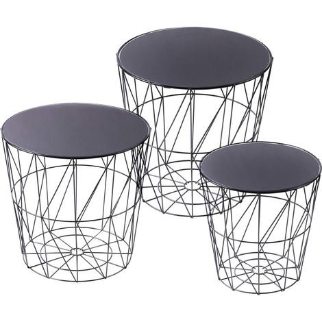 Lot de 3 Tables d'appoint Filaires Bout de Canapé en Métal et Verre - Noir - Emboitables - Livraison gratuite