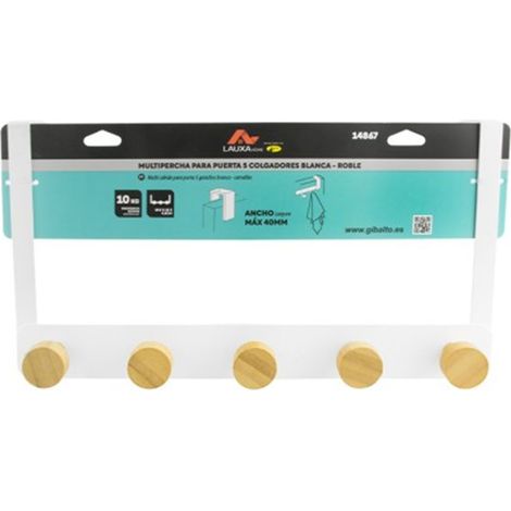 Multipercha Puerta Lauxa Home 5 Colgadores Blanco/Roble 26.5x18cm  Resistencia 10kg