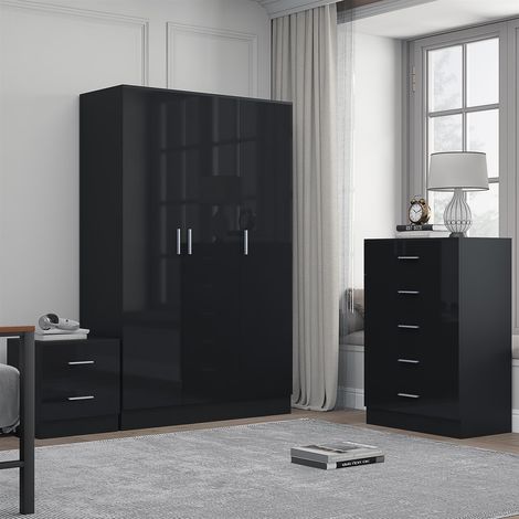 Reflect 3 Door Plain Wardrobe, 5 Drawer Chest, 2 Drawer Bedside - Black Gloss & Black Oak - Modern Bedroom Furniture Set