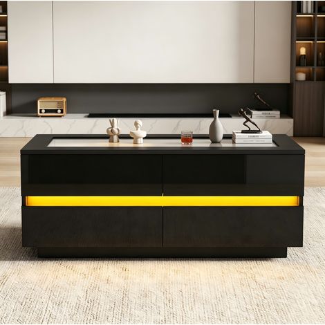 Mesa de centro 100 x 50 x 40 cm con 4 cajones, LED, tablero de vidrio templado, negra HAVRYA (1/5)