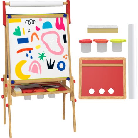 AIYAPLAY 3-in-1 Kids Easel with Paper Roll, Whiteboard, Chalkboard (1/5)