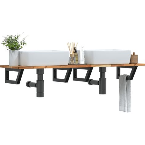 Étagère de vasque murale-Étagère murale-Étagère Suspendue acier et bois massif d'acacia 675153 (1/5)