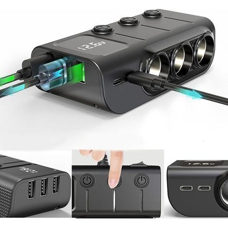 Chargeur Allume-Cigare de Voiture Socle Splitter 120W Adaptateur Allume-Cigare avec 3 Ports USB Interrupteur séparé Indicateur de Tension PD Charge Rapide pour téléphone Tablettes Dash Cam (1/5)