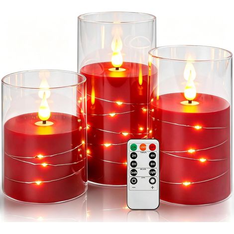 3 Bougies LED Rouges Transparentes à Guirlande Lumineuse, Flamme Scintillante Réaliste, Effet Verre, Télécommande Incluse, Plastique Réutilisable Écologique pour Déco Festive et Intérieure [Classe éne (1/5)
