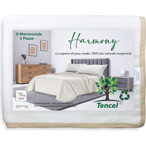 COPERTA HARMONY leggera PRIMAVERILE estiva in PURA LANA VERGINE e TENCEL matrimoniale 2 PIAZZE