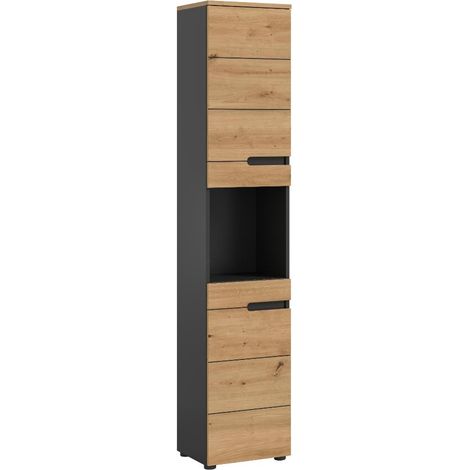 Canu Hochschrank Bad 2 Türen, 1 Regal Eiche Dekor, grau.