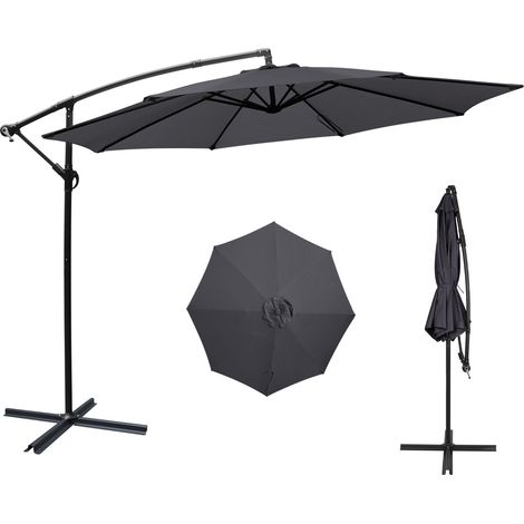 Puluomis Parasol Déporté Inclinable 3M, Tissu Anti-UV UPF30+, Parasol de Jardin Balcon Terrasse Extérieur, avec Manivelle, Housse, Imperméable, 8 Armatures Ultra-Résistantes, Base Croisée, Gris