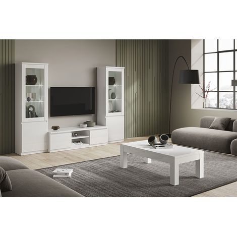 DEYTON - Ensemble Salon Complet Laqué Blanc Meuble TV + Vitrines avec Leds + Table Basse 127cm (1/5)
