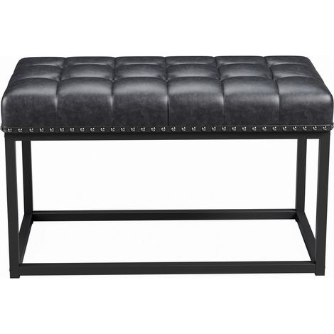 Banc vintage rembourré de 36" avec assise en cuir synthétique capitonnée à boutons, banc de salle à manger à structure métallique industrielle pour entrée, chambre, salon ou pied de lit (noir) (1/5)