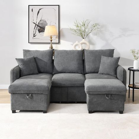 Canapé 188x186x86 cm, canapé d'angle multifonctionnel, avec tiroirs, tabouret de rangement, chenille, canapé trois places en U rembourré - Gris (1/5)