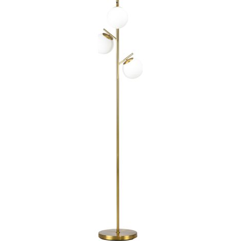 Lampadaire métal 3 abat-jours globe verre dépoli blanc 40W doré Ø 27 x 169H cm