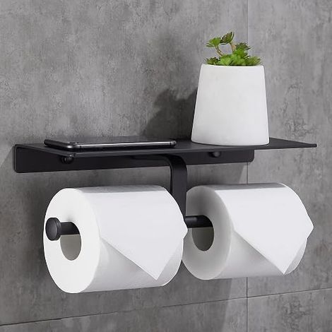 Porte Rouleau de Papier Toilette Hygiénique sans Perçage avec Etagère de Téléphone Portable Support Mural Double Porte-papier toilette pour Salle de Bains (Noir) (1/5)