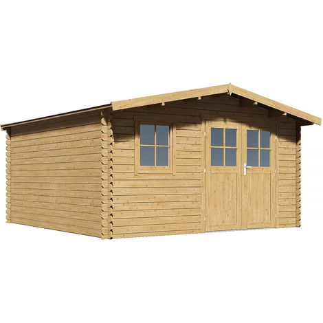 Habitat Et Jardin – Abri de jardin bois 19 m² – Épaisseur 28 mm – Dimensions extérieures 430 x 413 cm – Toit traditionnel avec portes vitrées (1/4)