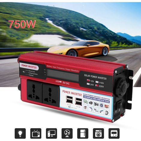 Onduleur, convertisseur d'énergie solaire à onde sinusoïdale modifiée à haute efficacité de conversion d'économie d'énergie stable DC12V à AC 220-240V en alliage d'aluminium 750W pour voiture (1/5)