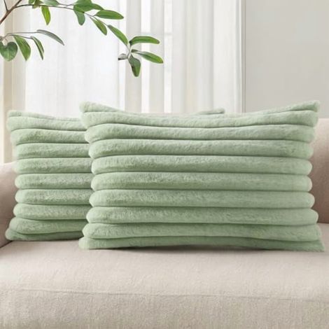 Fundas de almohada lumbares de piel sintética de 12x20 pulgadas, juego de 2 piezas, fundas de almohada decorativas suaves a rayas, adecuadas para sofás y salas de estar, color verde salvia.