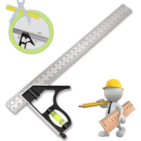 équerre Combinée Combination Square Règle d'angle de Combinaison Réglable Carré d'angle Inoxydable avec Niveau Bulle - Outil de Mesure Professionnel,pour Ingénieur Carpenter (1/5)