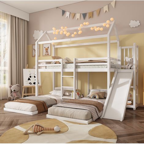 Lit superposé 180 x 200 cm enfant en bois blanc avec toboggan, rangement et 3 couchages (1/5)