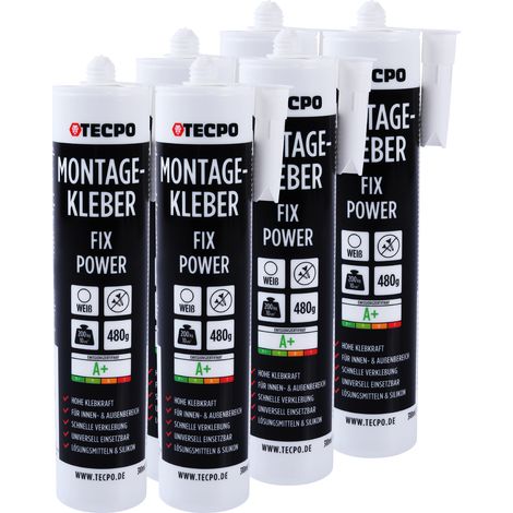 TECPO Montagekleber Fix Power, 6x 480g Universal Baukleber Kartuschen Kraftkleber 200kg 10 cm² für Akustikpaneele, Styropor, Sockelleite Innen und Außen schnelle Verklebung ohne Grundierung (1/5)