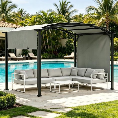 3 x 2,5 M Pergola Jardin Extérieur en Métal avec Toit Coulissant Pergola de Jardin avec Auvent en Arche Rétractable, Polyester Imperméable, Pavillon Étanche pour Terrasse, Piscine, Véranda (1/5)