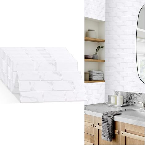 Autocollants carrelage cuisine PVC épaissi, 30x15cm, 24 feuilles blanc piano, protège-mur pour cuisinière et salle de bain. (1/5)