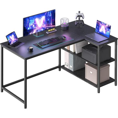 Bureau gaming en L avec rangement et étagères réglables 120 x 80 x 76 cm style contemporain en panneau d'aggloméré noir (1/2)