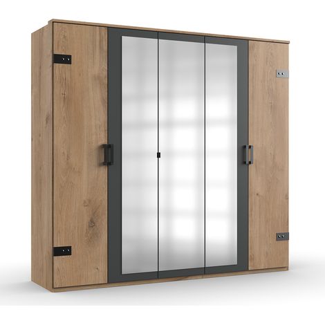 Pegane – Armoire de rangement 5 portes avec miroirs – Coloris imitation chêne poutre/graphite – Longueur 225 cm x Hauteur 210 cm x Profondeur 58 cm (1/4)