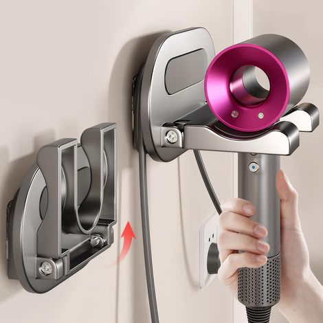 Support Seche Cheveux Aluminium Aéronautique, Porte Seche Cheveux Mural sans Percage, Titulaires de Sèche-Cheveux Adhesif, Support de Sèche-Cheveux pour Salle de Bain, Toilettes, Hôtel (Gris) (1/5)