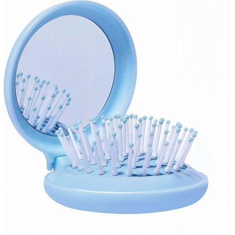 Brosse à cheveux et miroir de voyage pour femme — Brosse pliable avec miroir compact pour sac à main ou sac à dos — Joli cadeau bleu ciel