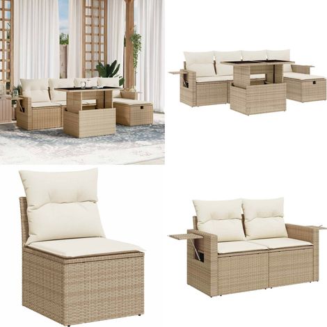 Salon de jardin avec coussins 6 pcs beige résine tressée - Ensemble Salon De Jardin - Mobilier Extérieur - Table Basse Extensible - Chaise Longue - Fauteuil Pliable - Home & Living (1/5)