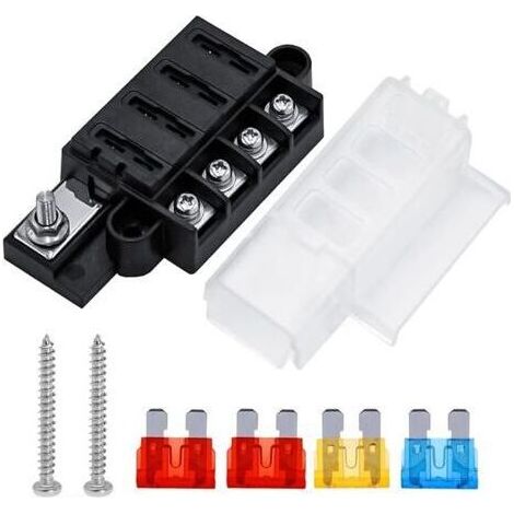 Portafusibili per auto a 4 vie, blocchi portafusibili a lama ATC/ATO con copertura impermeabile e 4 fusibili a lama per auto, camion, barche e camper. (1/5)