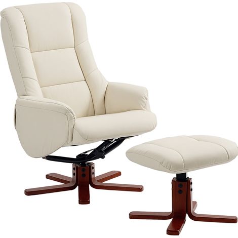 Rocking Recliner Chair with Footstool, PU Leather Recliner Armchair with Wood Base, Upholstered Reclining Chair for Living Room Bedroom, Cream