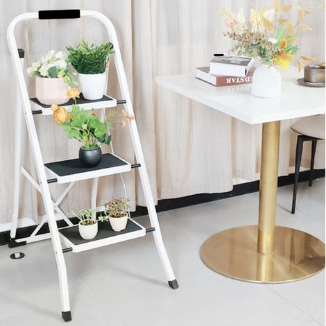 Escalera plegable de 3 peldaños con pasamanos y plataforma antideslizante, negro y blanco, OKMYHOME (1/5)